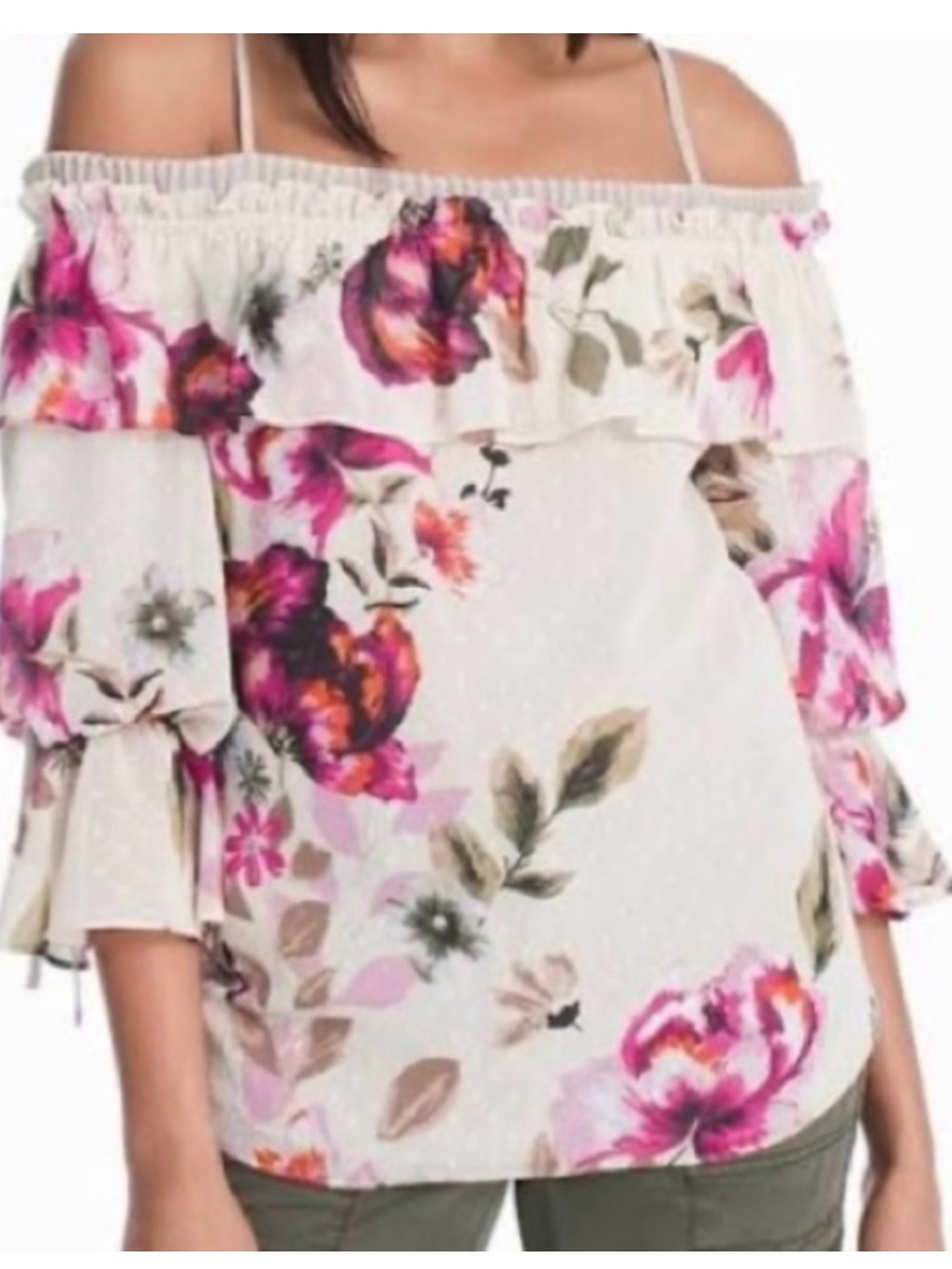 White House Black Market Floral Off Shoulder Ruffle Blouse Size L - Picture 2 of 13